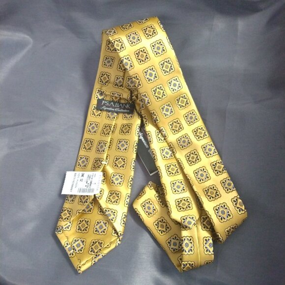 ❤️NWT JOS A BANK SIGNATURE COLLECTION LUXURY 100% Silk Tie Black Lt Blue Gold - Picture 4 of 8